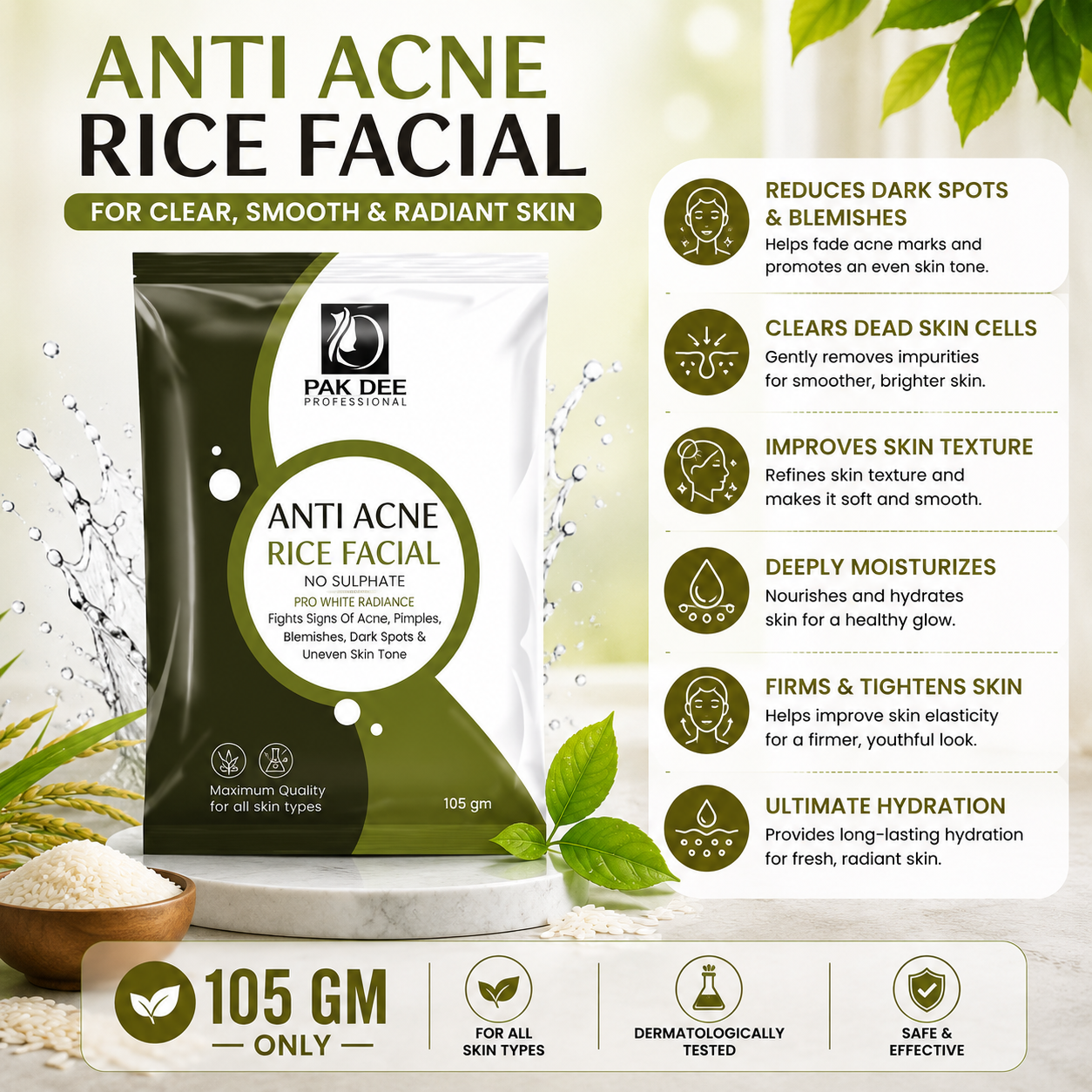 Anti Acne Rice Facial Kit | Acne Control & Skin Brightening | 10 Step Professional Facial | Rice Extract Formula | All Skin Types | 105g
