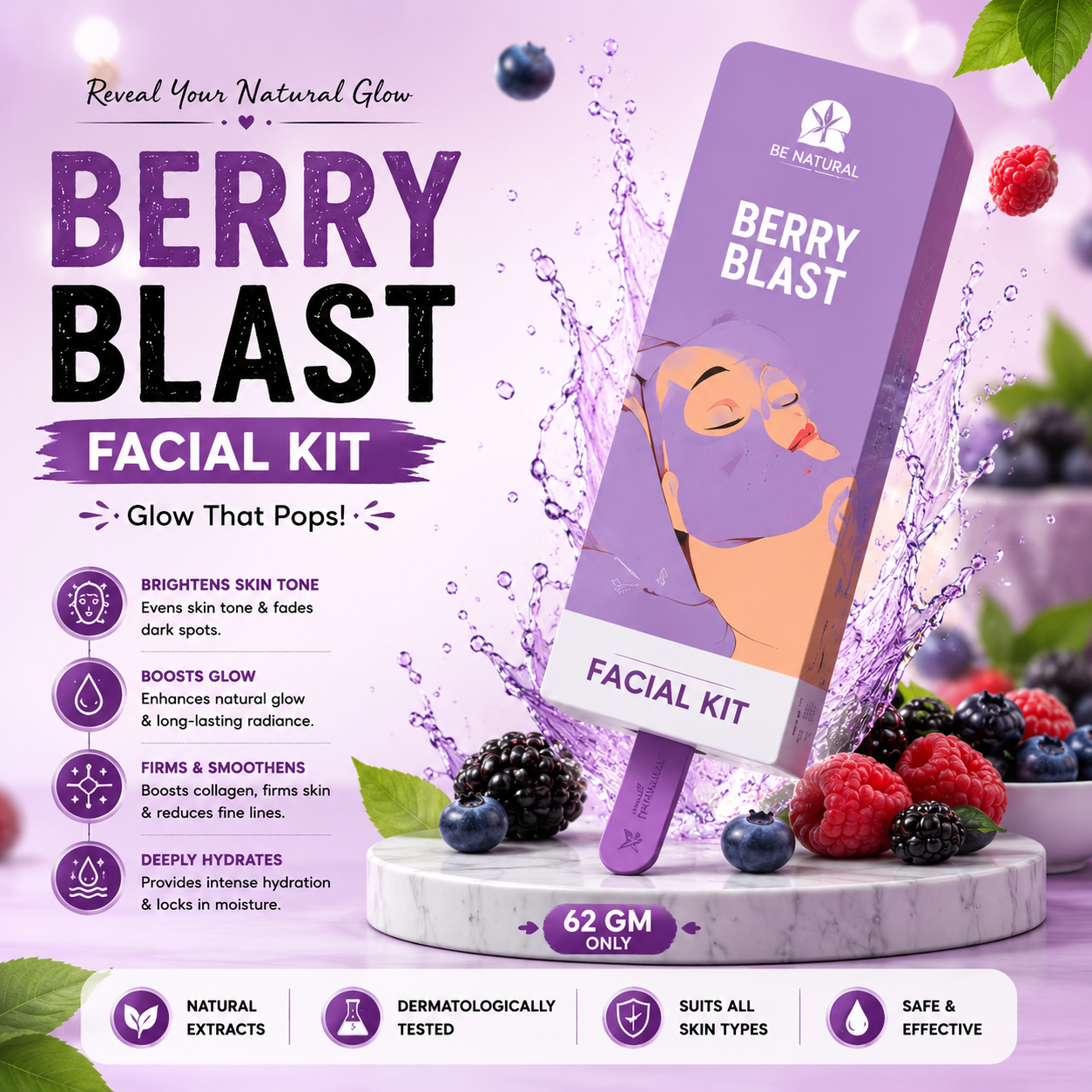 Berry Blast Facial Kit | Skin Brightening & Deep Hydration | Collagen Boost Facial | Professional Facial Kit | All Skin Types | 62g