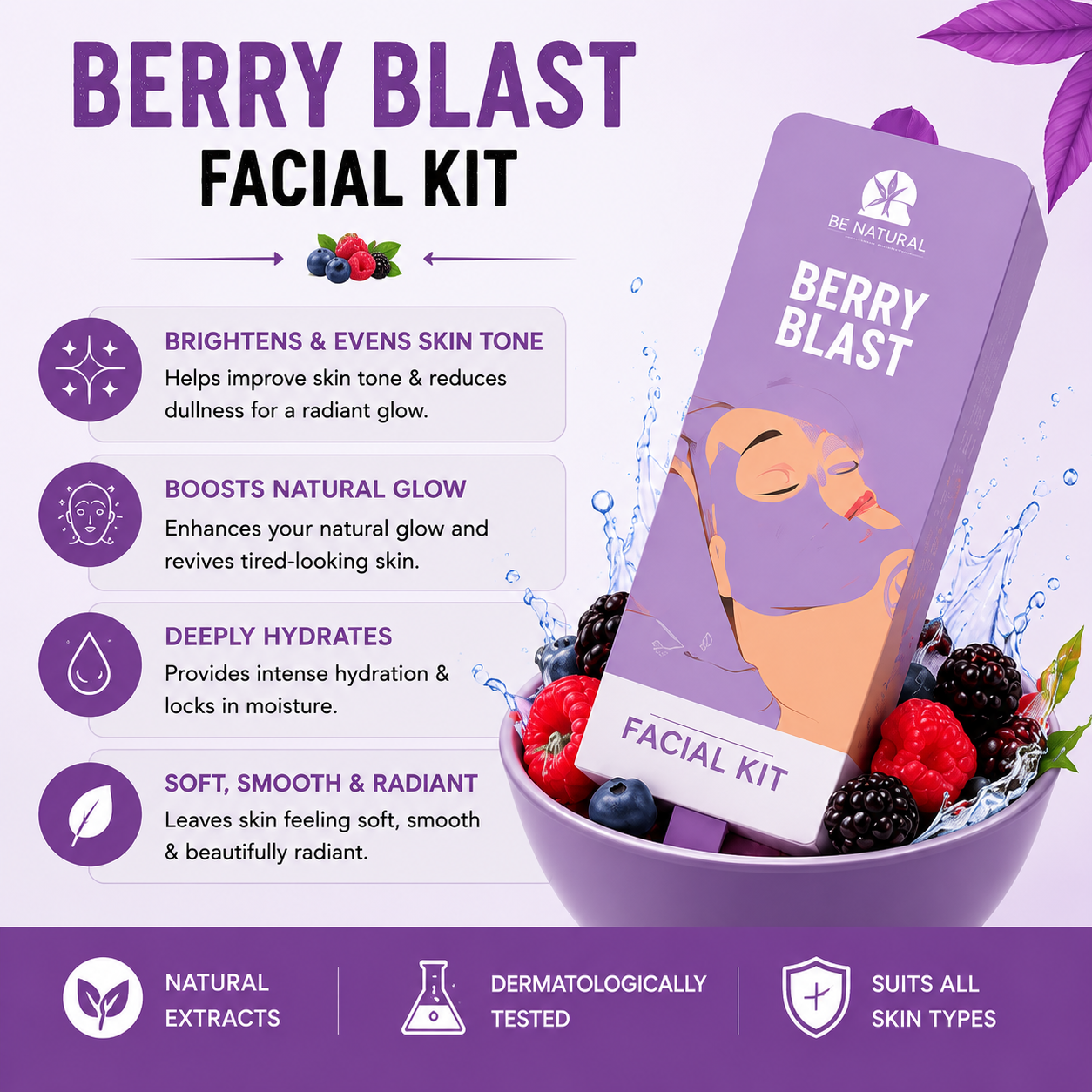 Berry Blast Facial Kit | Skin Brightening & Deep Hydration | Collagen Boost Facial | Professional Facial Kit | All Skin Types | 62g - Image 3