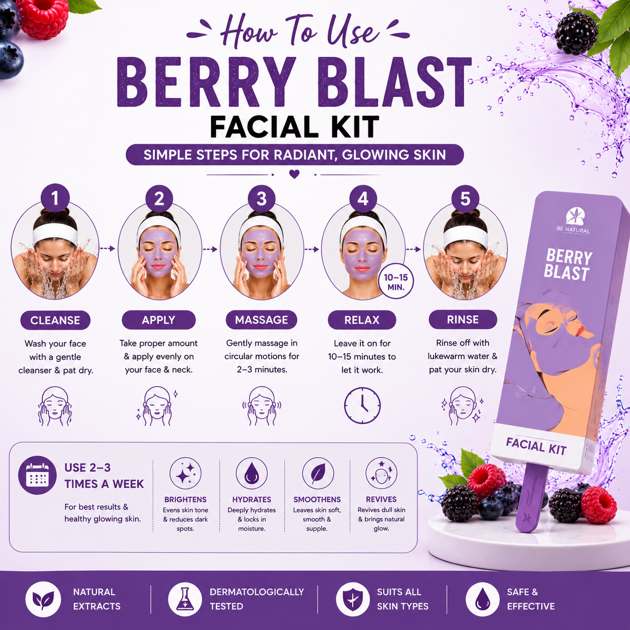Berry Blast Facial Kit | Skin Brightening & Deep Hydration | Collagen Boost Facial | Professional Facial Kit | All Skin Types | 62g - Image 4