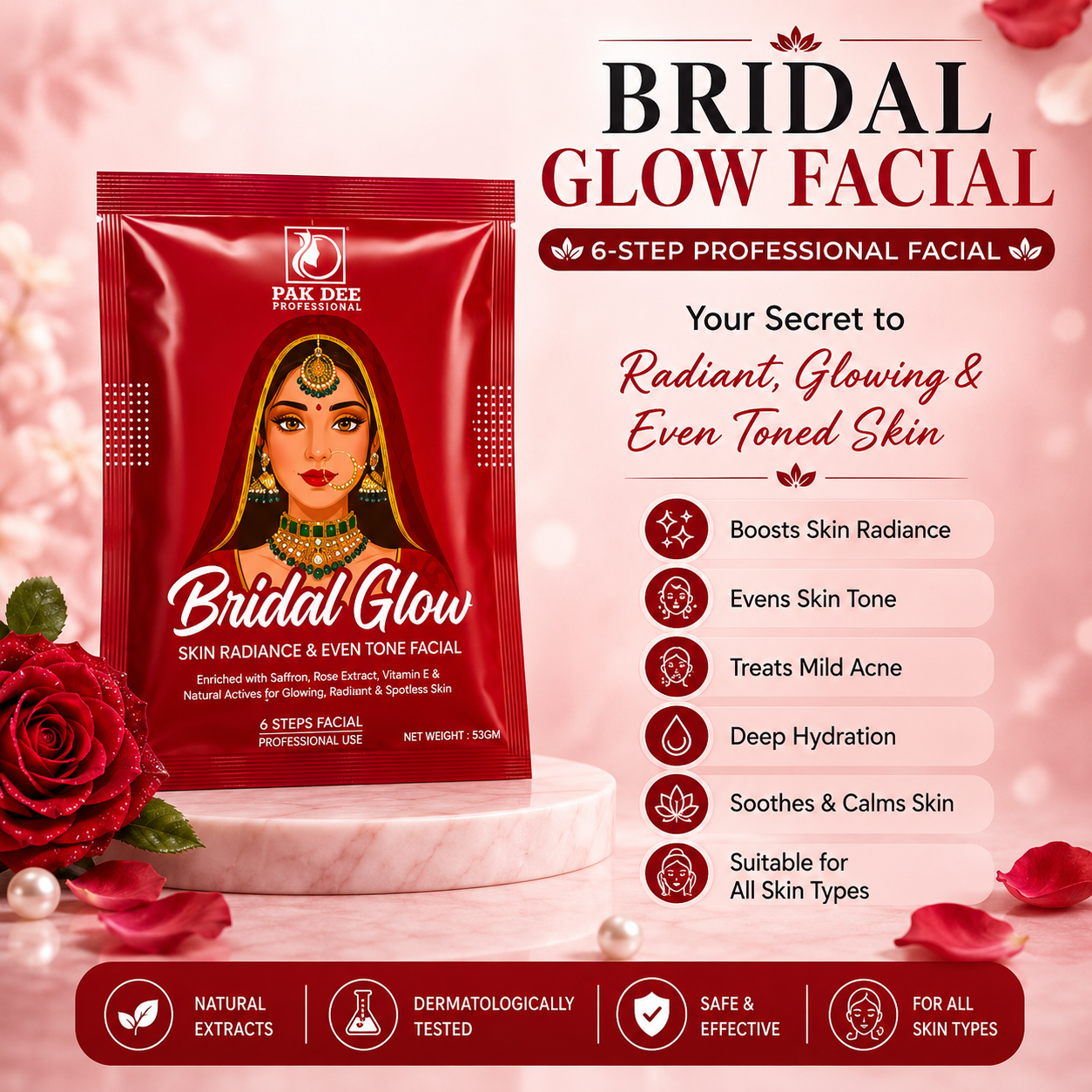Bridal Glow Facial Powder | Skin Polishing & Instant Glow | 6 Step Professional Facial | Rose Extract Antioxidants | All Skin Types | 53g