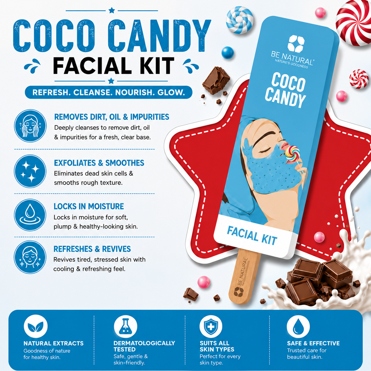 Coco Candy Facial Kit | Deep Cleansing & Skin Hydration | Refreshing Facial Kit | Professional Facial | All Skin Types | 62g