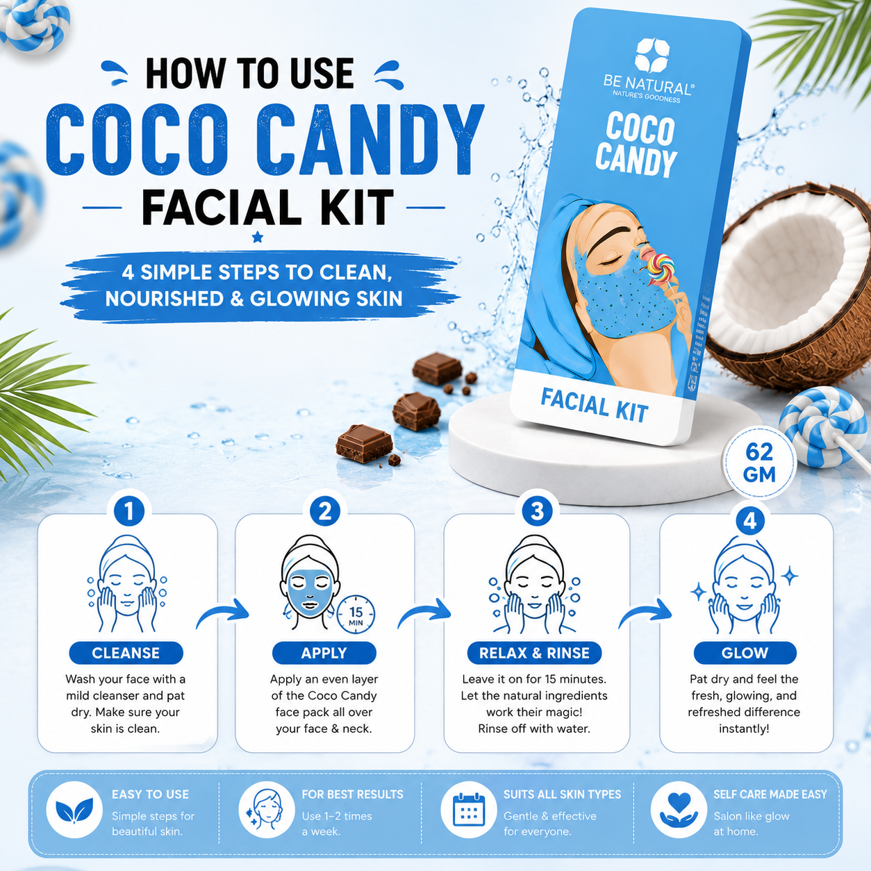 Coco Candy Facial Kit | Deep Cleansing & Skin Hydration | Refreshing Facial Kit | Professional Facial | All Skin Types | 62g - Image 4
