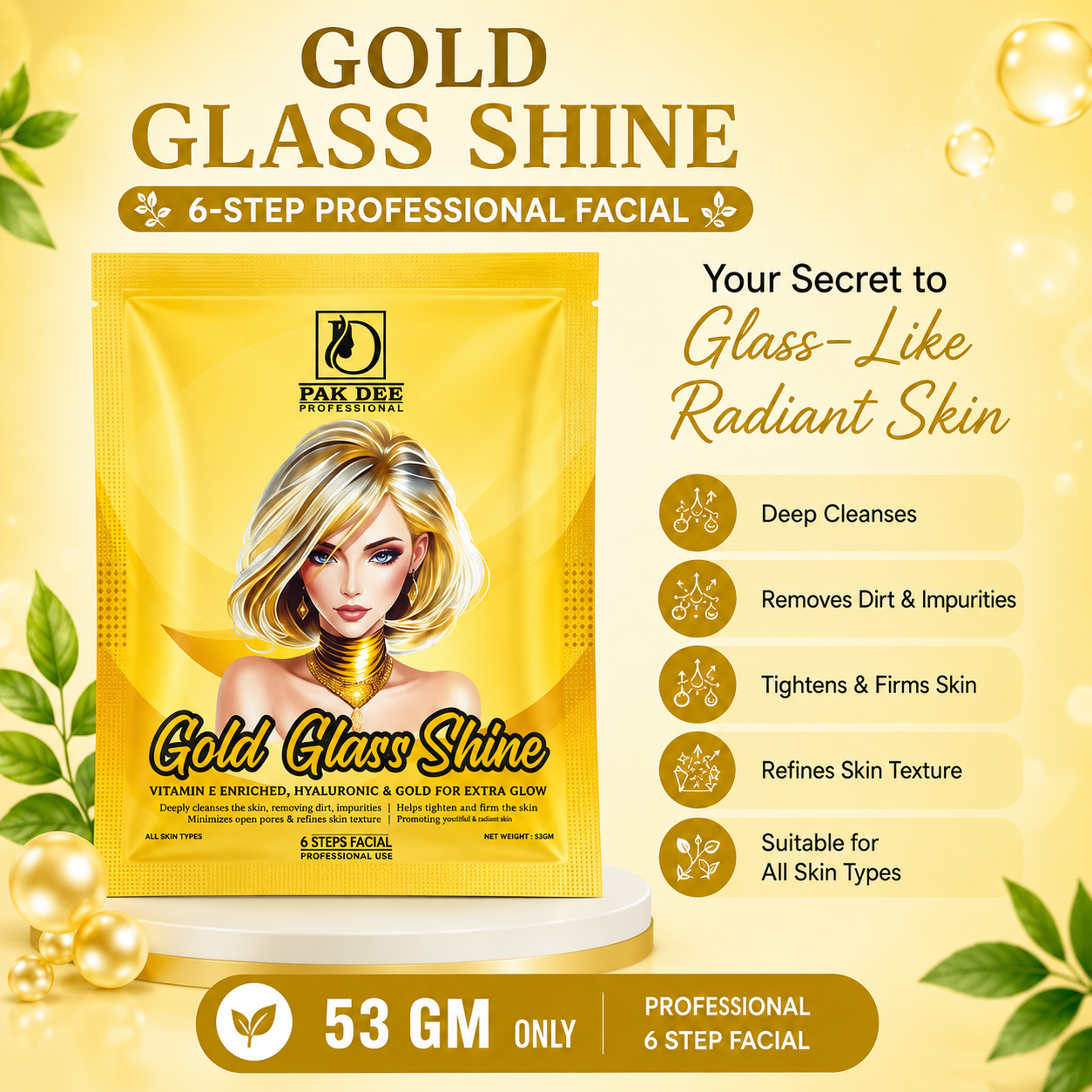 Gold Glass Shine Facial Powder | Deep Cleansing & Instant Glow | 6 Step Professional Facial | Vitamin B3 Complex, Hyaluronic Acid & Gold Foil | All Skin Types | 53g