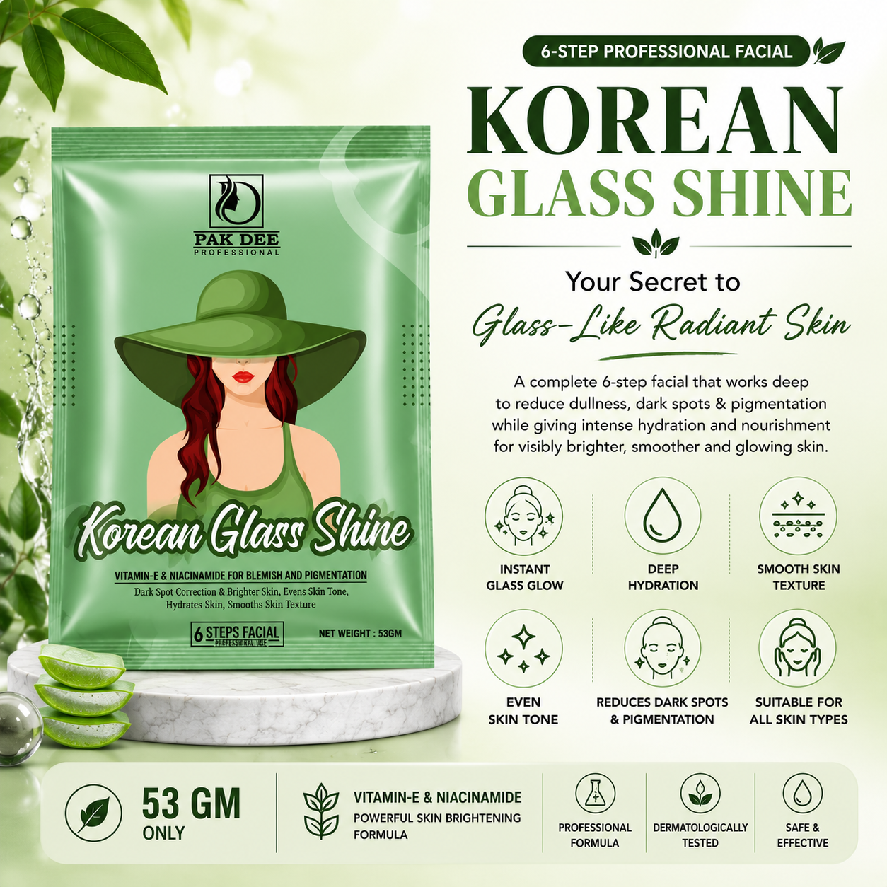 Korean Glass Shine Facial Powder | Glass Skin Glow & Deep Hydration | 6 Step Professional Facial | Niacinamide & Vitamin E | All Skin Types | 53g