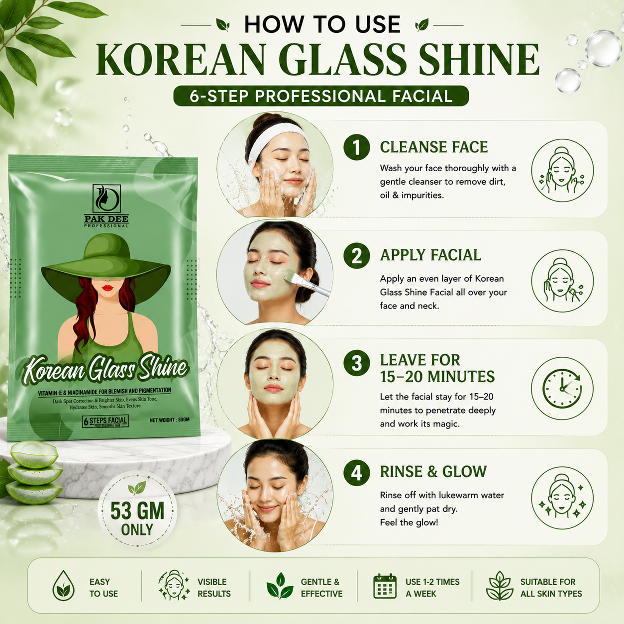 Korean Glass Shine Facial Powder | Glass Skin Glow & Deep Hydration | 6 Step Professional Facial | Niacinamide & Vitamin E | All Skin Types | 53g - Image 4
