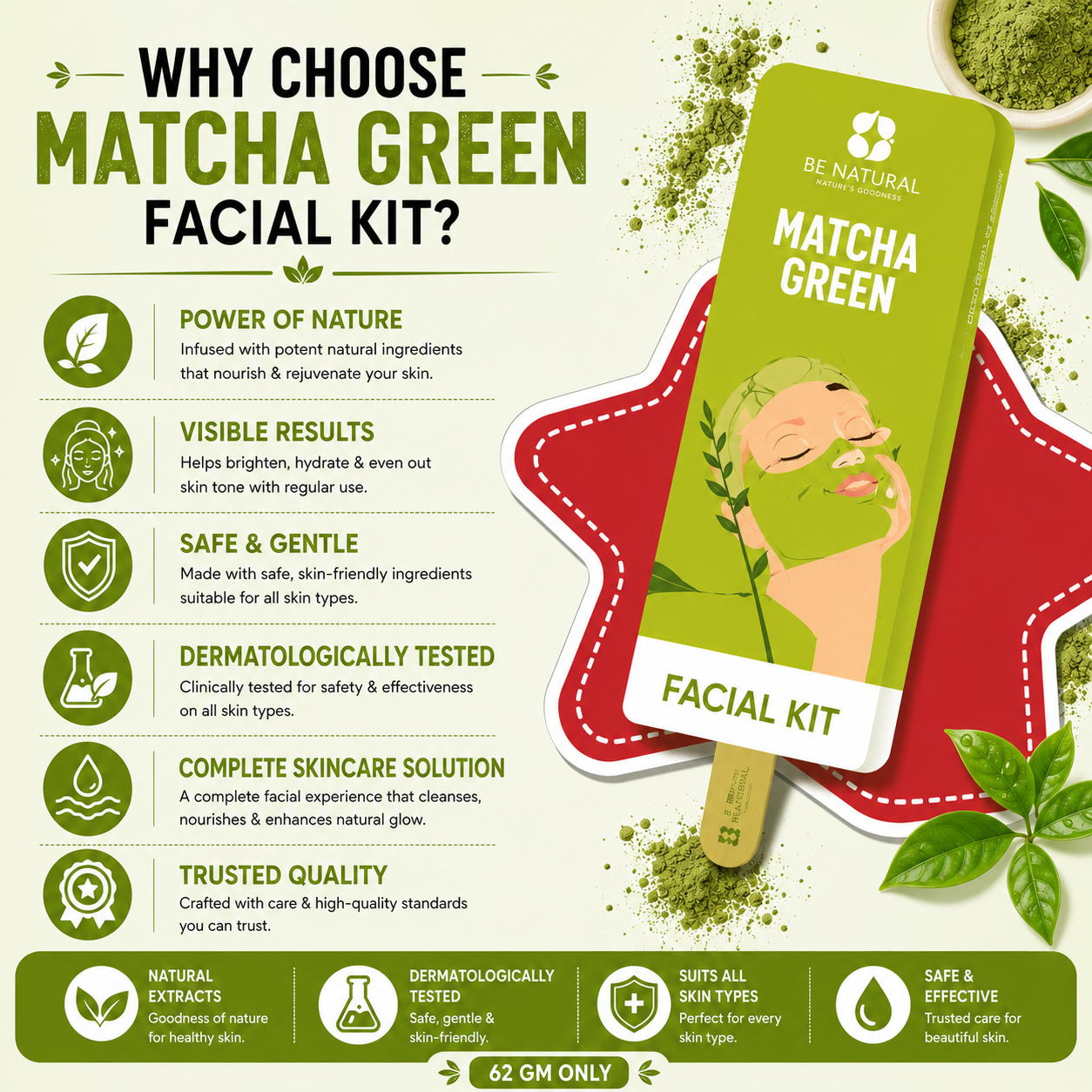 Matcha Green Facial Kit | Deep Cleansing & Skin Brightening | Professional Facial Kit | All Skin Types | 62g - Image 5