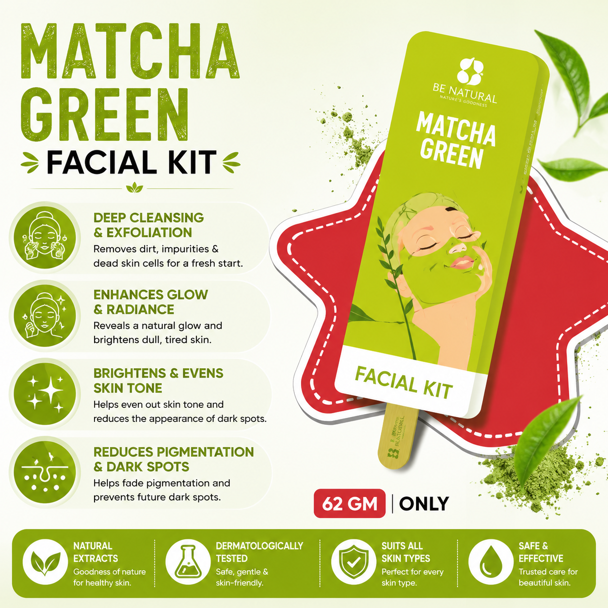 Matcha Green Facial Kit | Deep Cleansing & Skin Brightening | Professional Facial Kit | All Skin Types | 62g