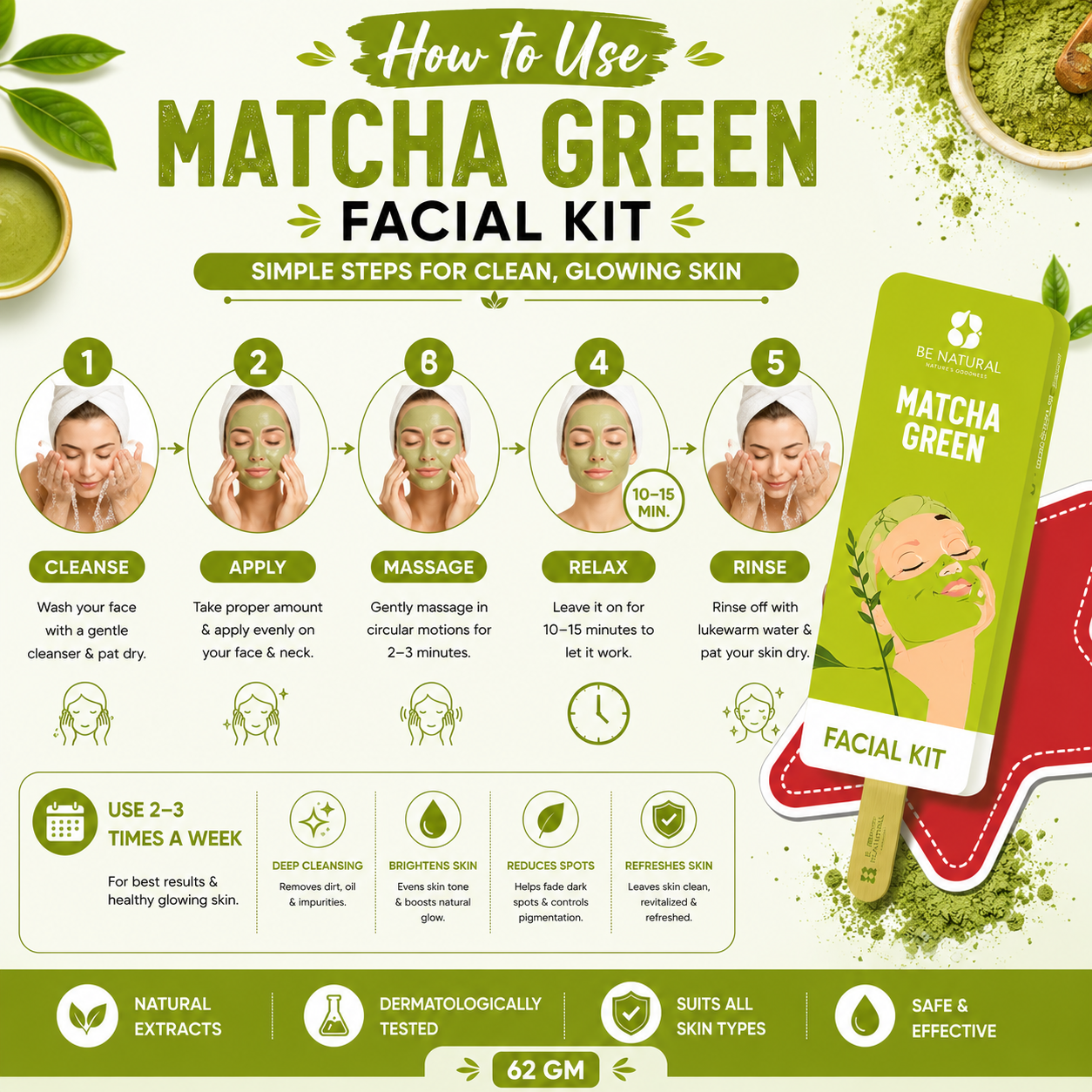 Matcha Green Facial Kit | Deep Cleansing & Skin Brightening | Professional Facial Kit | All Skin Types | 62g - Image 3