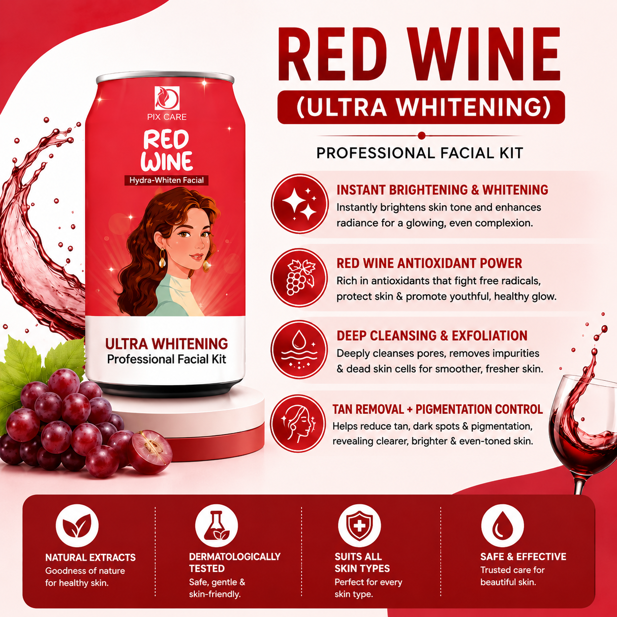 Red Wine Ultra Whitening Professional Facial Kit | Skin Brightening & Pigmentation Control | Deep Cleansing Facial | All Skin Types | 80g