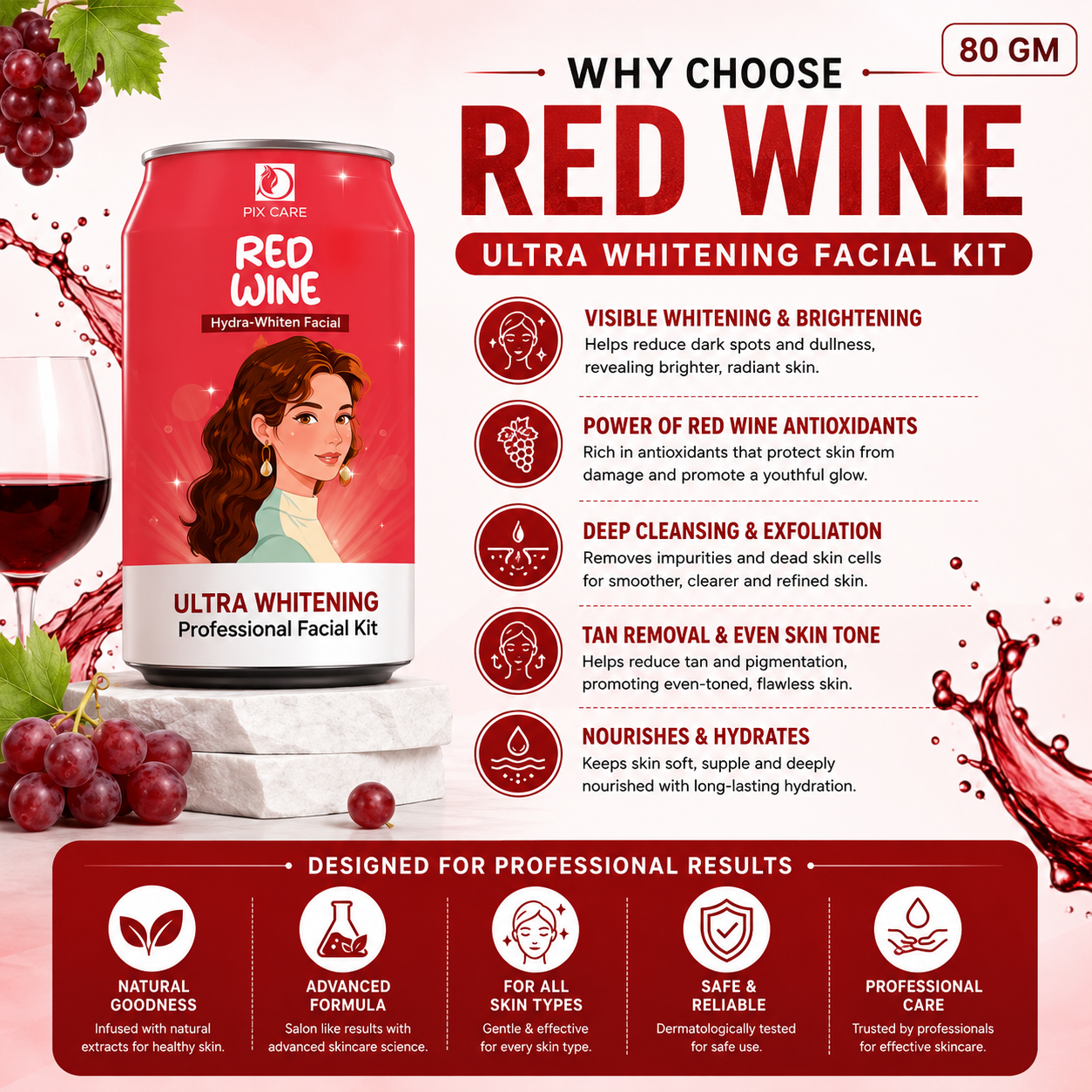 Red Wine Ultra Whitening Professional Facial Kit | Skin Brightening & Pigmentation Control | Deep Cleansing Facial | All Skin Types | 80g - Image 5