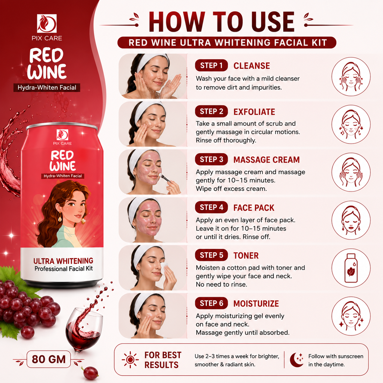 Red Wine Ultra Whitening Professional Facial Kit | Skin Brightening & Pigmentation Control | Deep Cleansing Facial | All Skin Types | 80g - Image 4