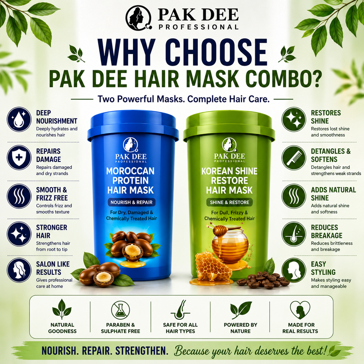 Hair Mask Combo | Moroccan Protein & Korean Shine Restore | Nourish, Repair & Strengthen Hair | Professional Hair Care | 800ml + 800ml - Image 2