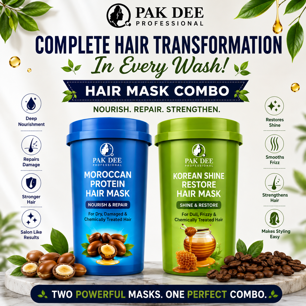Hair Mask Combo | Moroccan Protein & Korean Shine Restore | Nourish, Repair & Strengthen Hair | Professional Hair Care | 800ml + 800ml