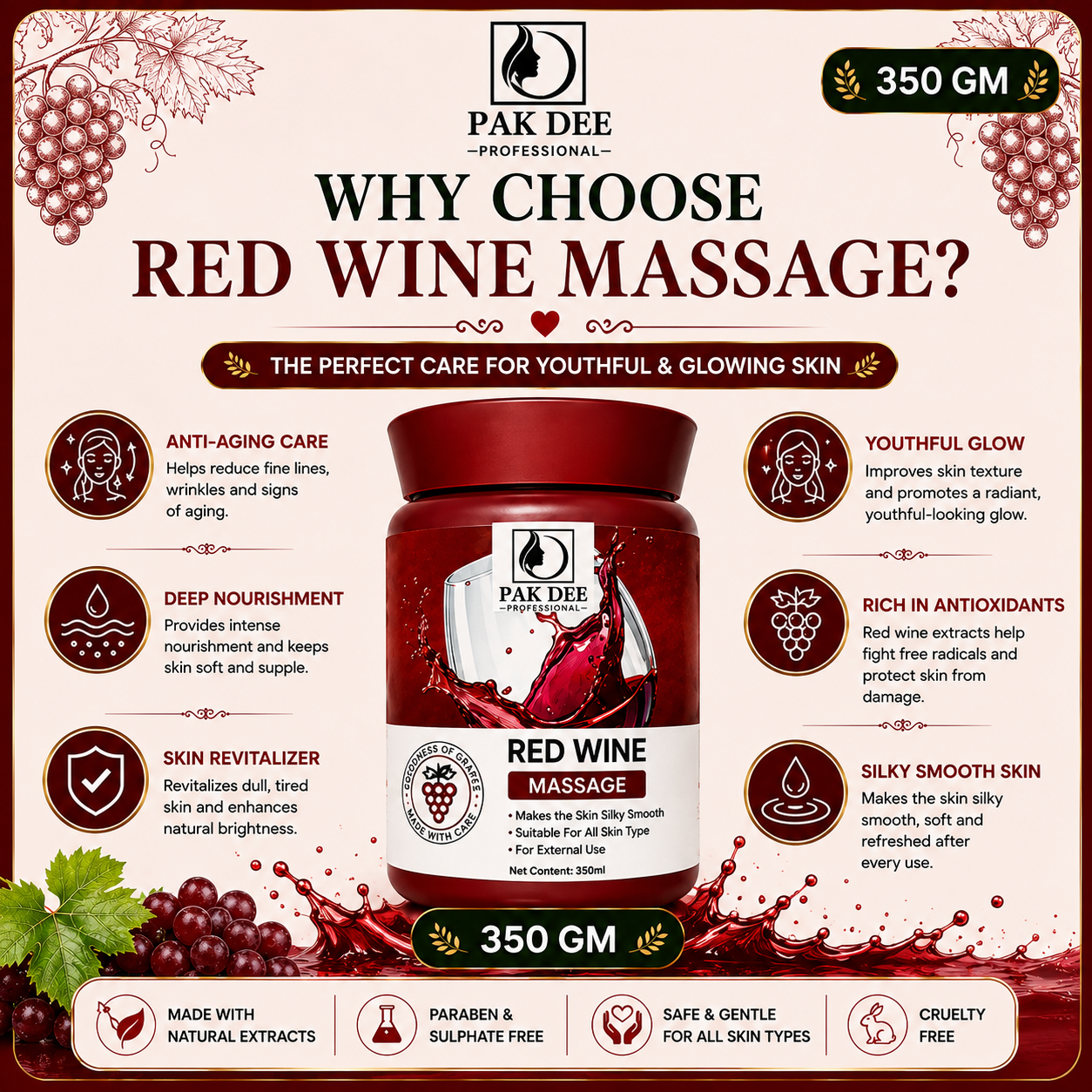 Red Wine Massage Cream | Anti-Aging Care | 350g - Image 3