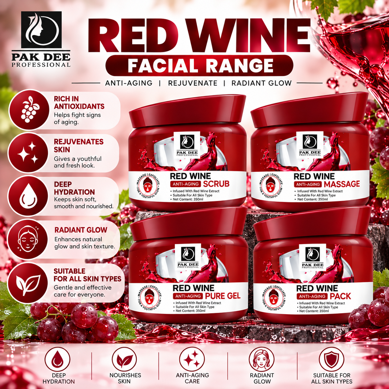Red Wine Facial Kit | Anti-Aging & Red Wine Extract | 350ml - Image 3