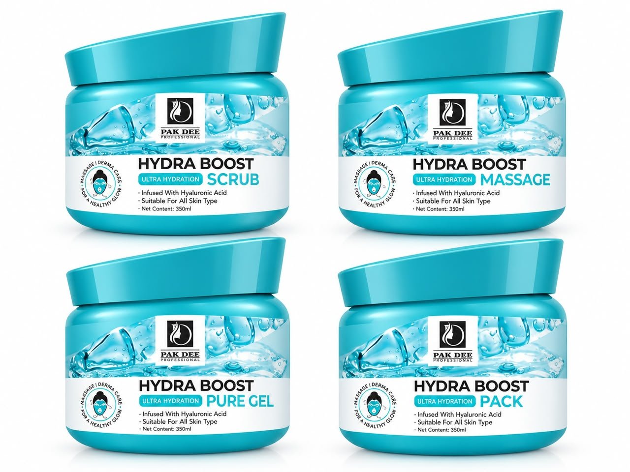 Give your skin a refreshing boost of hydration with Pak Dee Professional Hydra Boost Ultra Hydration Range. Enriched with Hyaluronic Acid, this complete skincare range is designed to support soft, hydrated and refreshed-looking skin. Suitable for all skin types, the range includes Scrub, Massage, Pure Gel and Pack for a complete facial care routine.